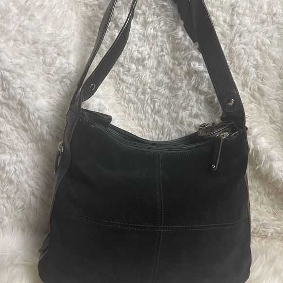 Tignanello leather suede black shoulder bag extended brown suede side zipper. - Picture 4 of 14